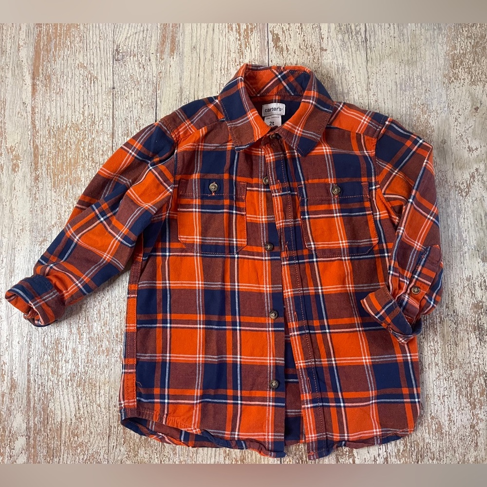 Carter's Red Navy Plaid Flannel Shirt Boys 2T Button Down Cabincore Preppy Fall